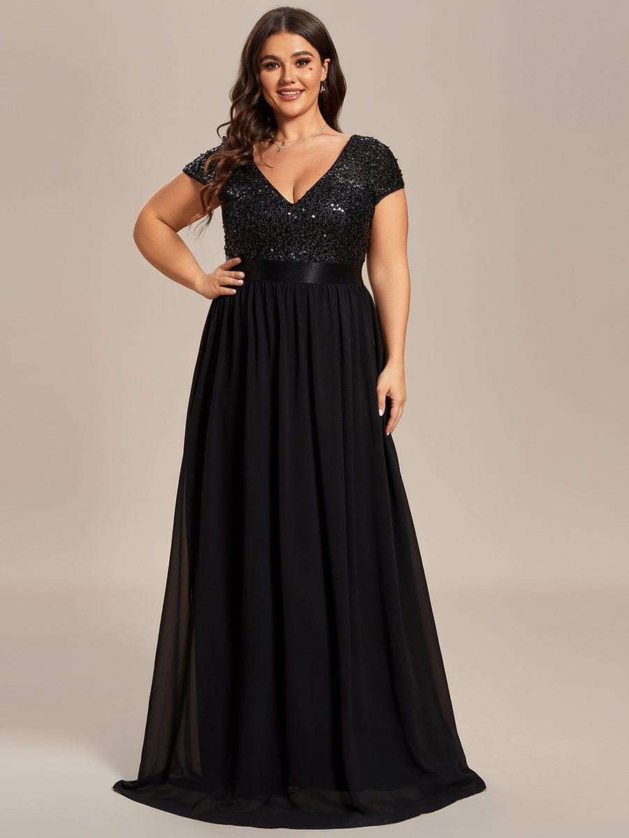 Deep V Neck Plus Size Evening Dress with Short Sleeves