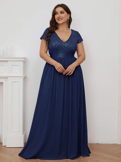 Deep V Neck Plus Size Evening Dress with Short Sleeves