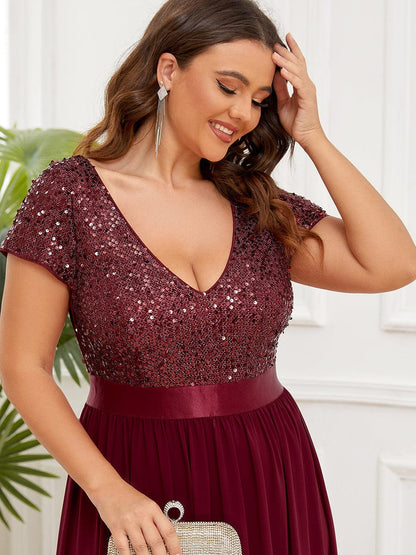 Deep V Neck Plus Size Evening Dress with Short Sleeves