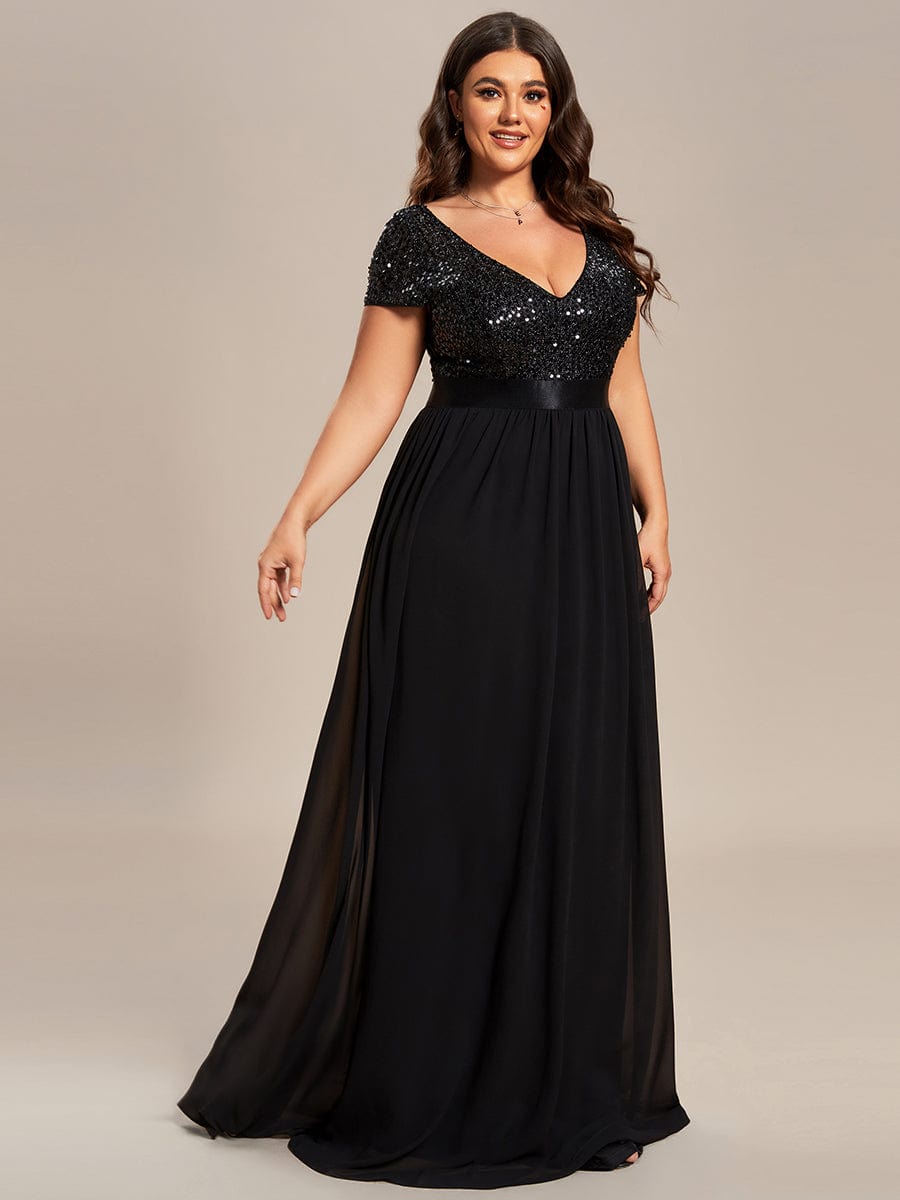 Deep V Neck Plus Size Evening Dress with Short Sleeves