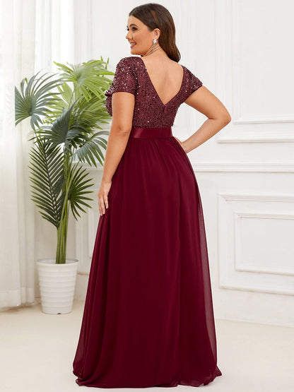 Deep V Neck Plus Size Evening Dress with Short Sleeves