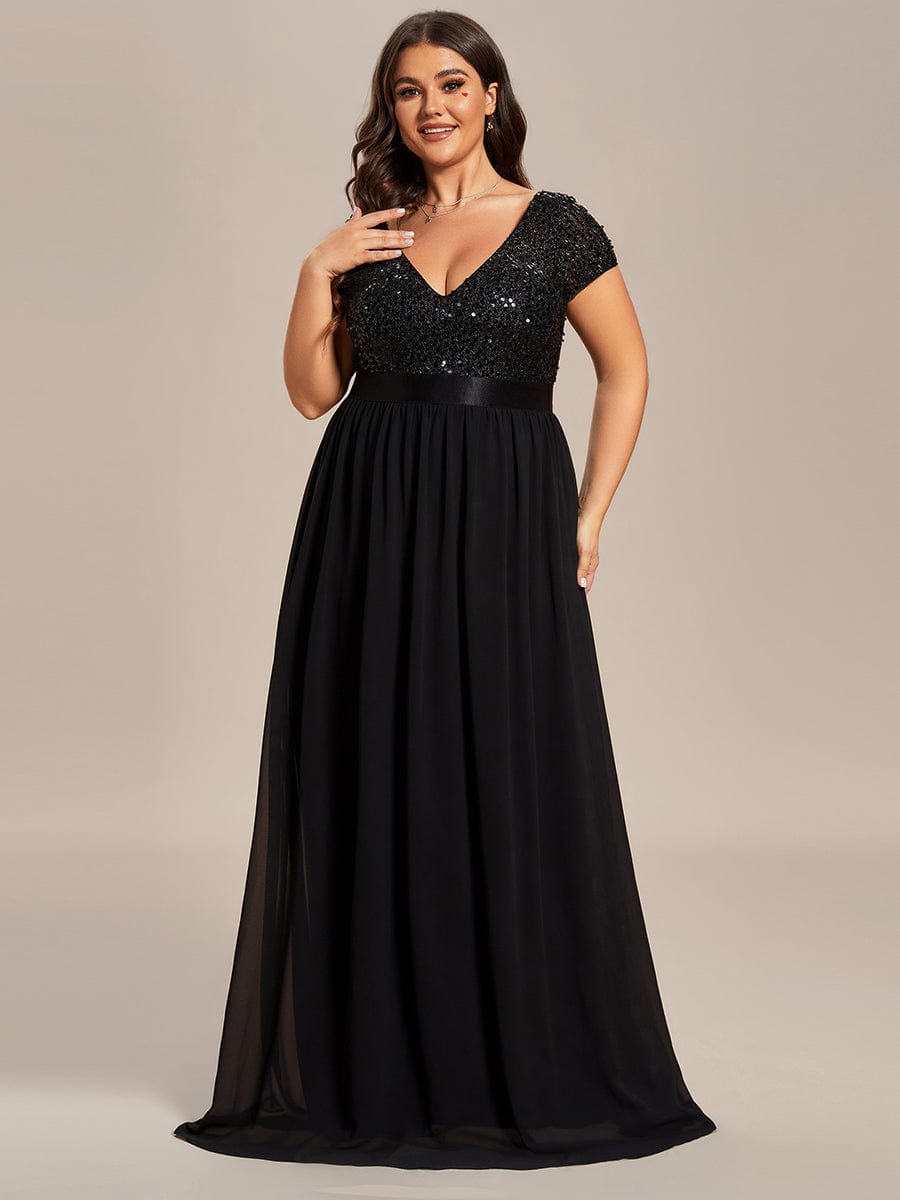 Deep V Neck Plus Size Evening Dress with Short Sleeves
