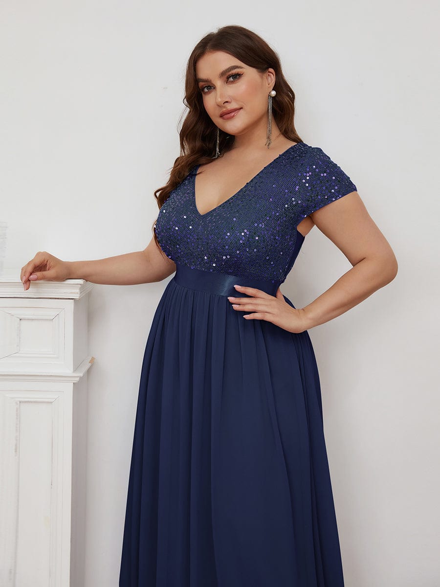 Deep V Neck Plus Size Evening Dress with Short Sleeves