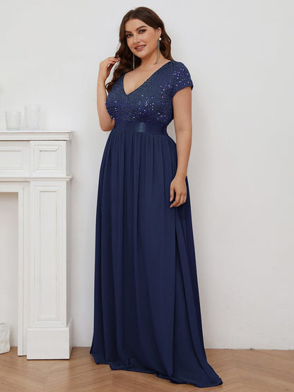 Deep V Neck Plus Size Evening Dress with Short Sleeves