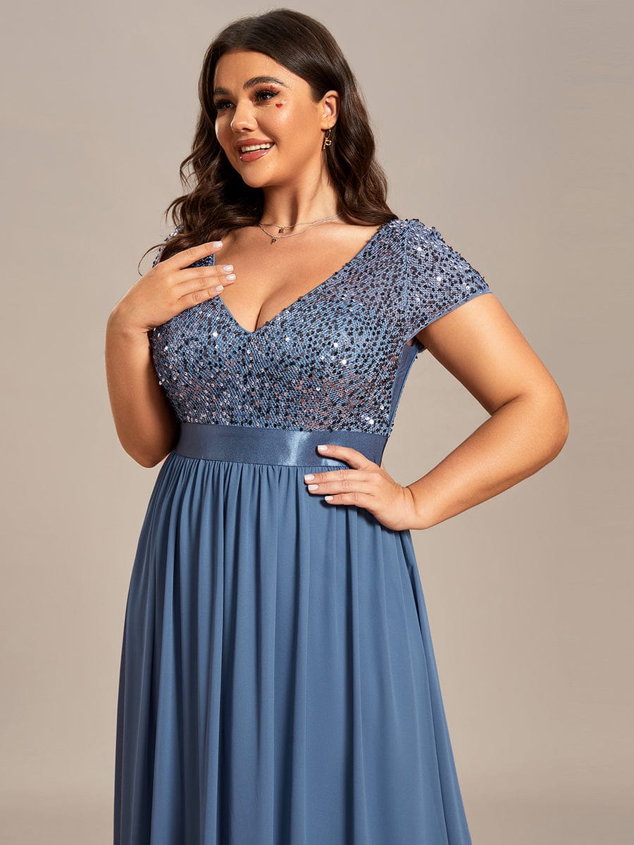 Deep V Neck Plus Size Evening Dress with Short Sleeves