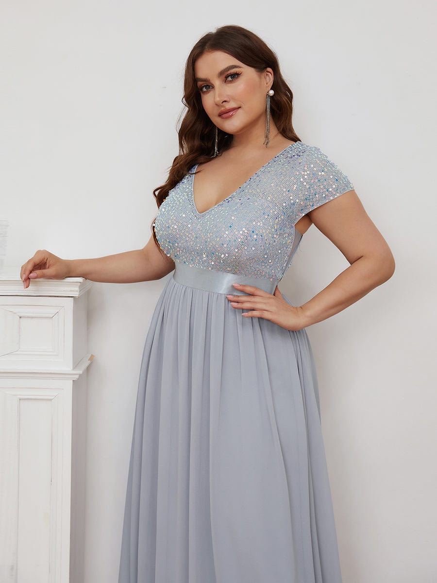 Deep V Neck Plus Size Evening Dress with Short Sleeves