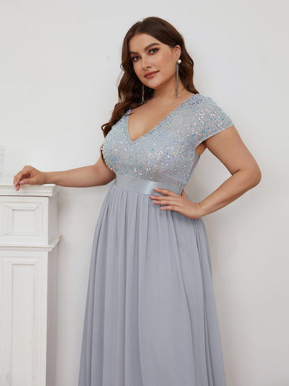 Deep V Neck Plus Size Evening Dress with Short Sleeves