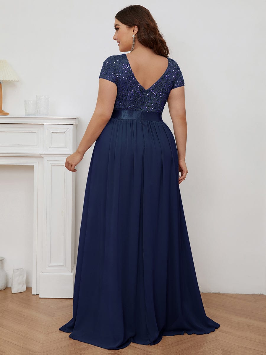 Deep V Neck Plus Size Evening Dress with Short Sleeves