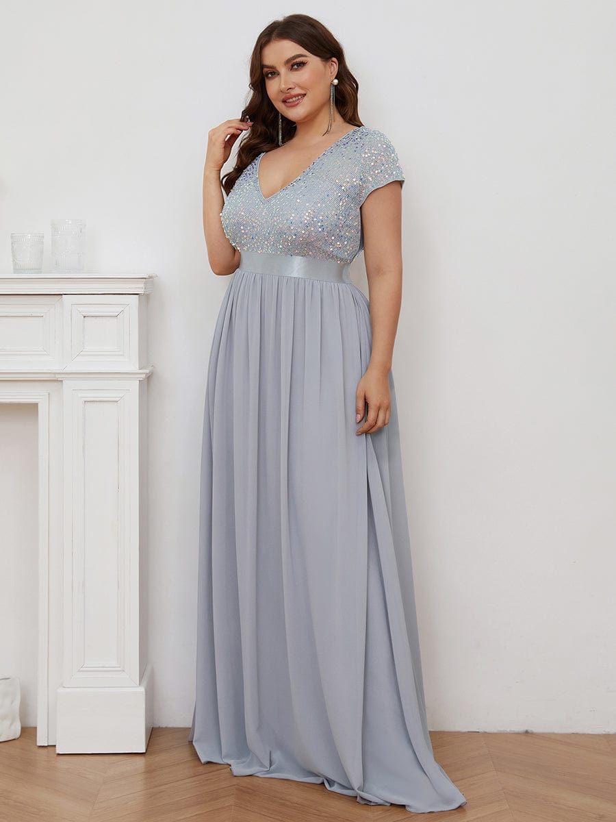 Deep V Neck Plus Size Evening Dress with Short Sleeves