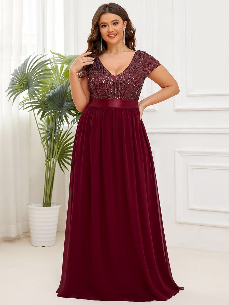 Deep V Neck Plus Size Evening Dress with Short Sleeves
