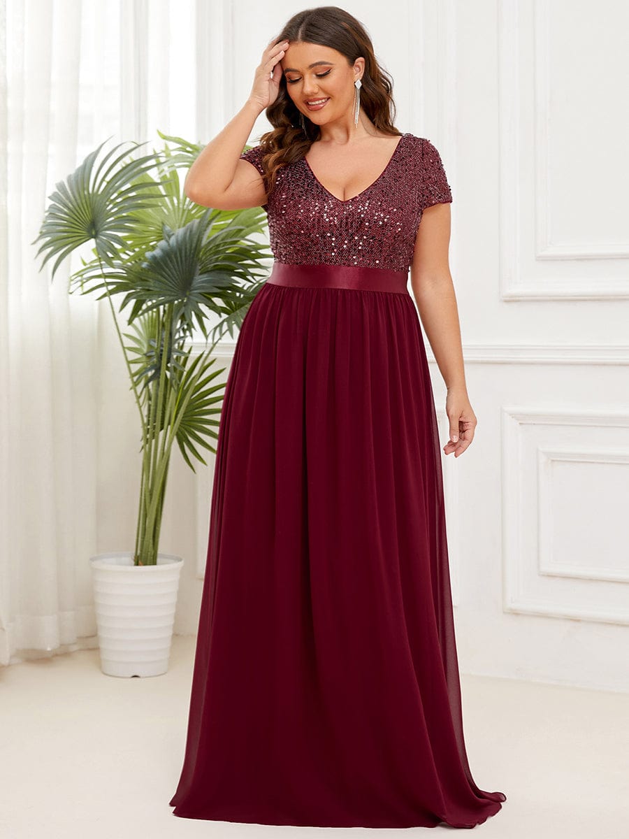 Deep V Neck Plus Size Evening Dress with Short Sleeves