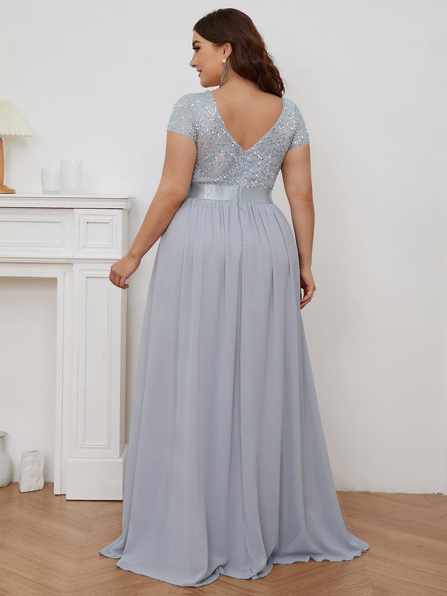 Deep V Neck Plus Size Evening Dress with Short Sleeves