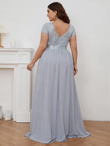 Deep V Neck Plus Size Evening Dress with Short Sleeves