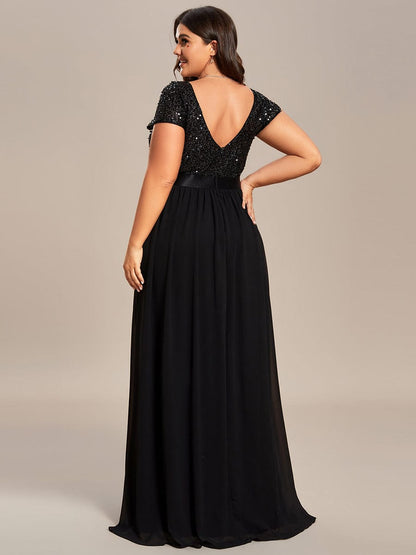 Deep V Neck Plus Size Evening Dress with Short Sleeves