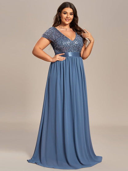 Deep V Neck Plus Size Evening Dress with Short Sleeves
