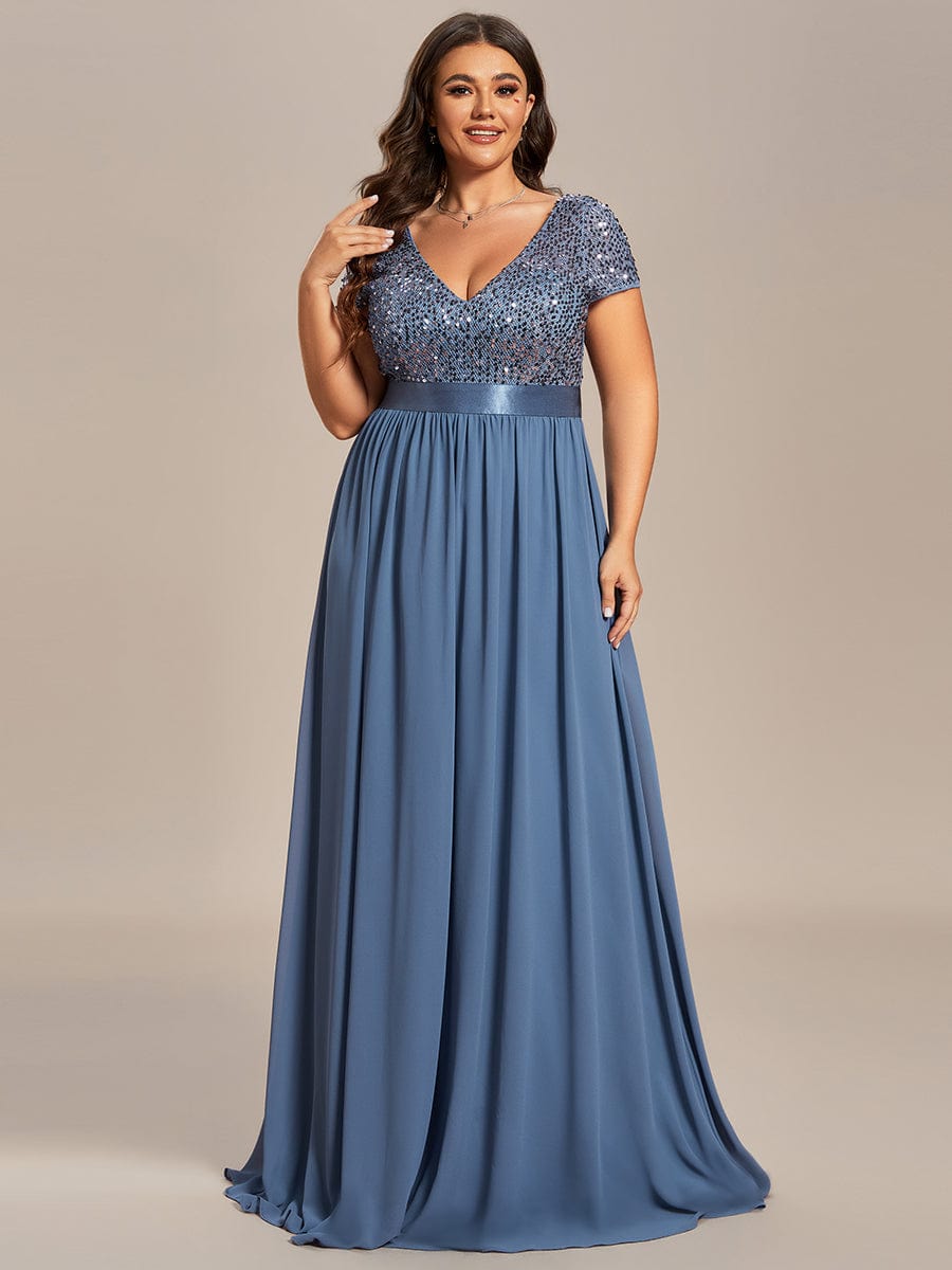 Deep V Neck Plus Size Evening Dress with Short Sleeves