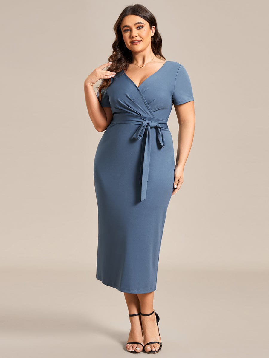Deep V Neck Short Sleeve Cocktail Dress with Belt for Plus Sizes