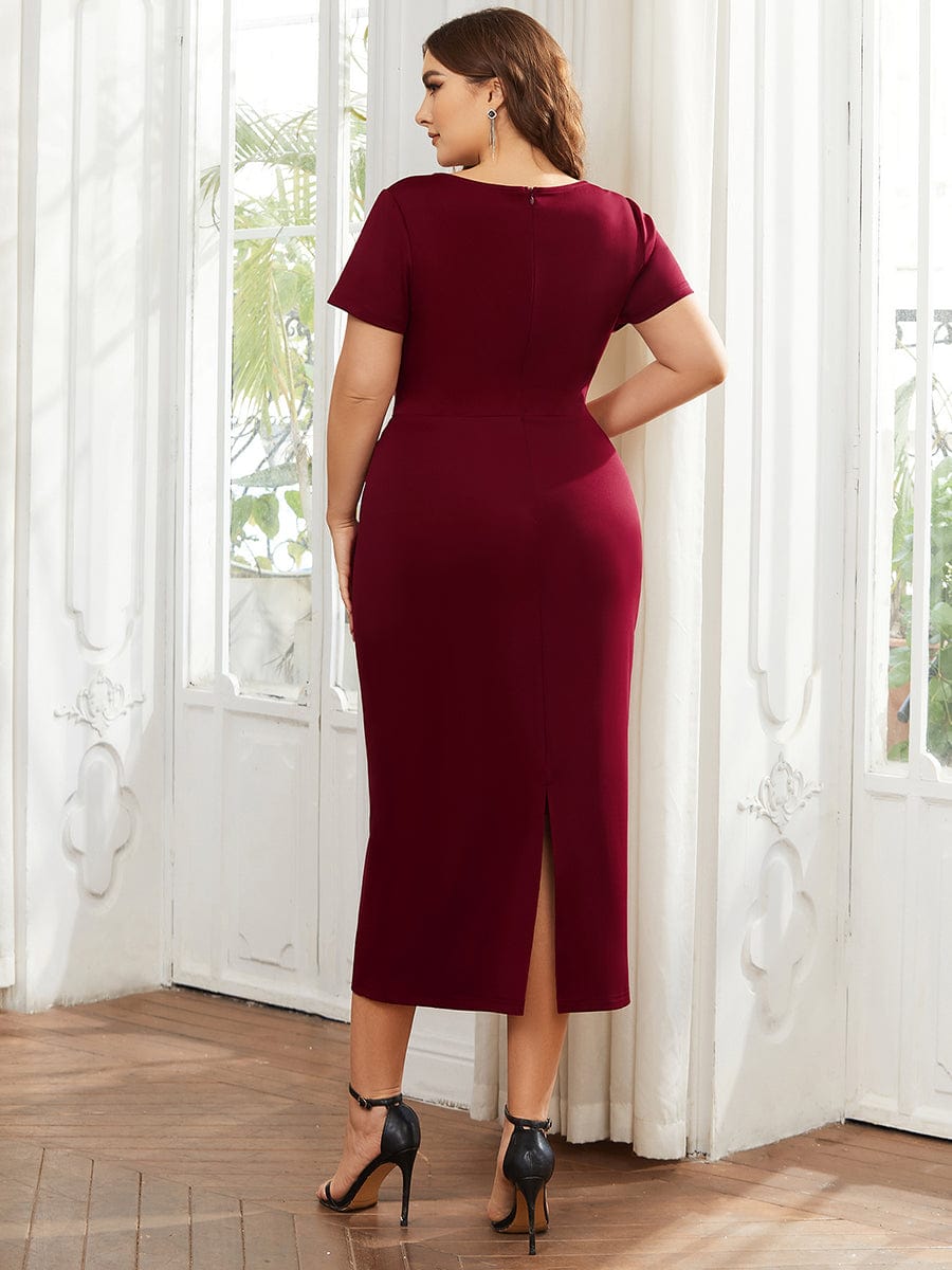 Deep V Neck Short Sleeve Cocktail Dress with Belt for Plus Sizes