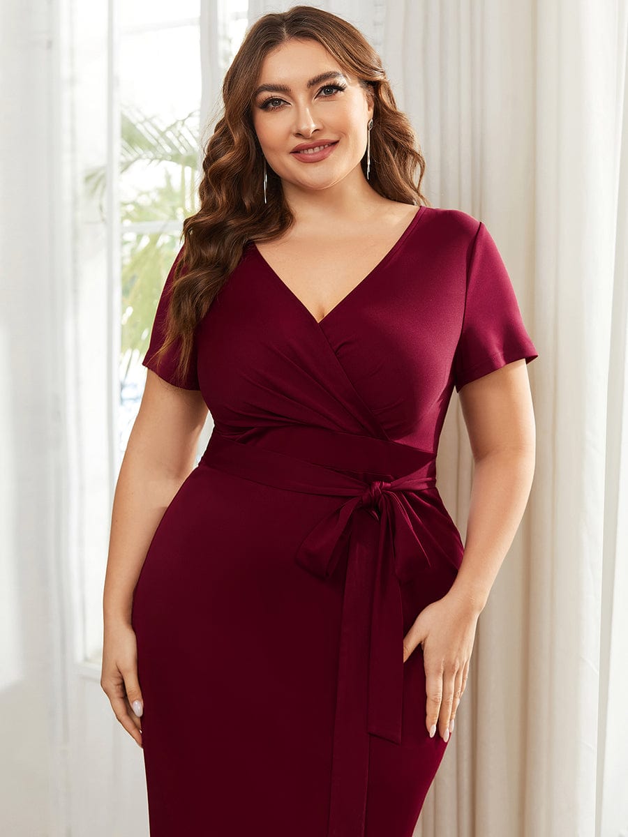 Deep V Neck Short Sleeve Cocktail Dress with Belt for Plus Sizes