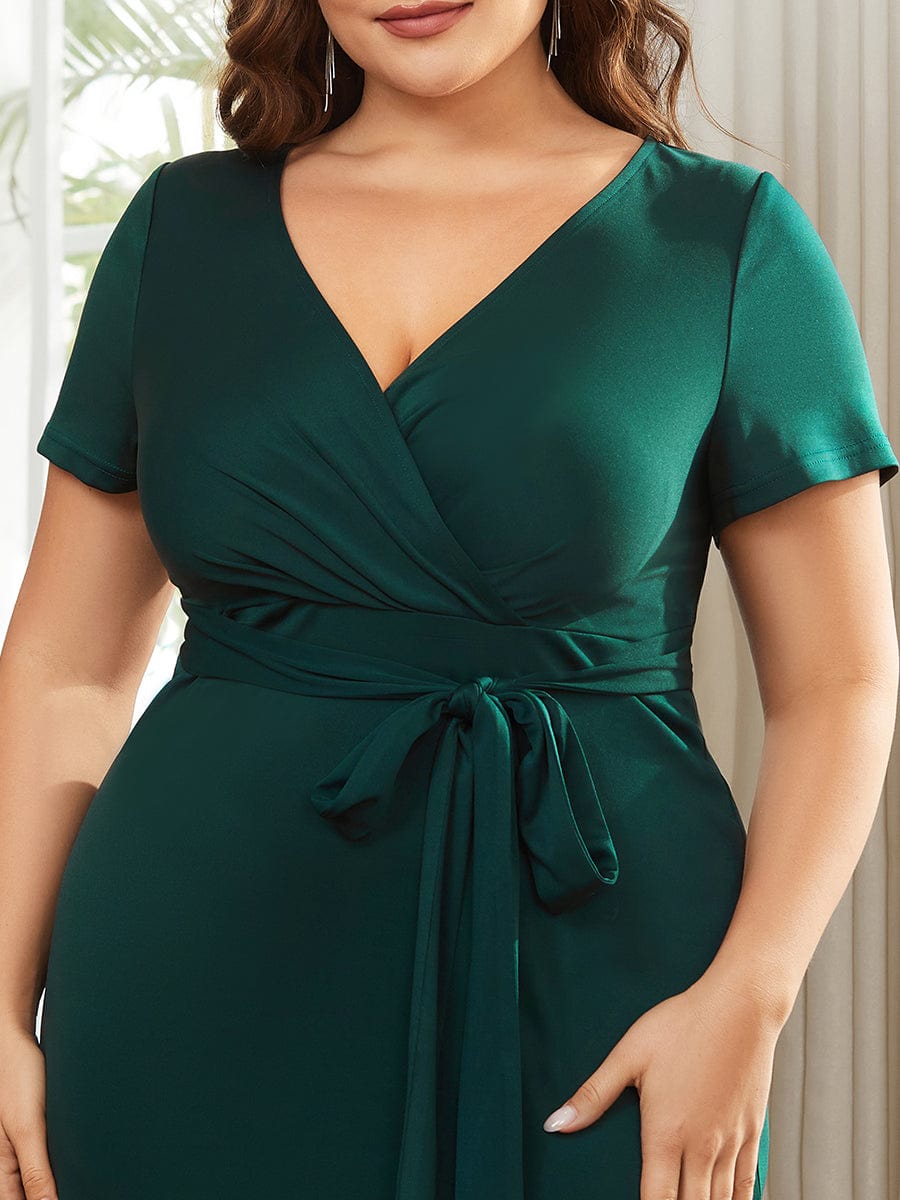 Deep V Neck Short Sleeve Cocktail Dress with Belt for Plus Sizes