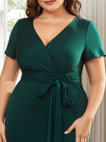 Deep V Neck Short Sleeve Cocktail Dress with Belt for Plus Sizes