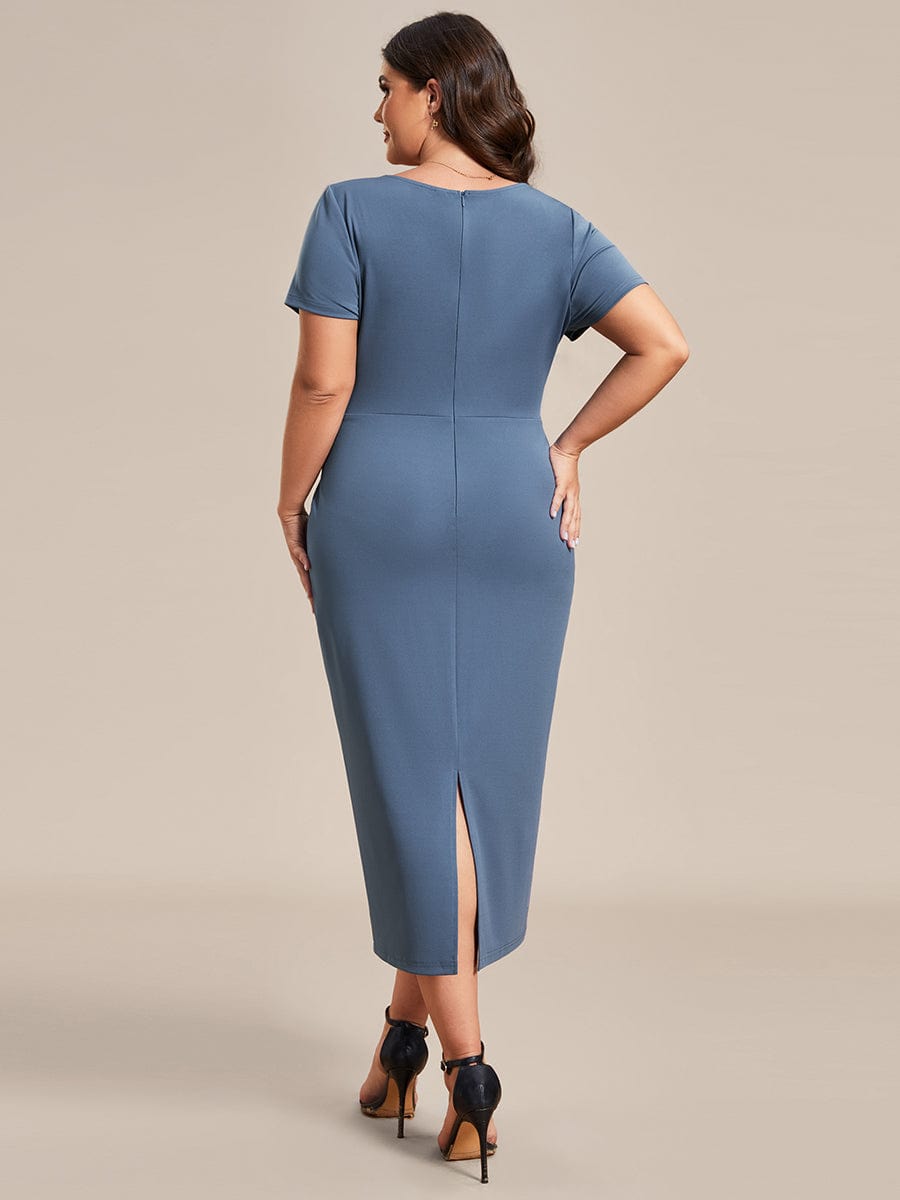 Deep V Neck Short Sleeve Cocktail Dress with Belt for Plus Sizes