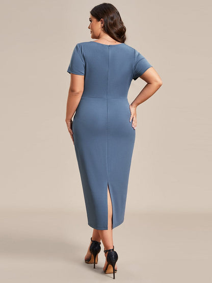 Deep V Neck Short Sleeve Cocktail Dress with Belt for Plus Sizes