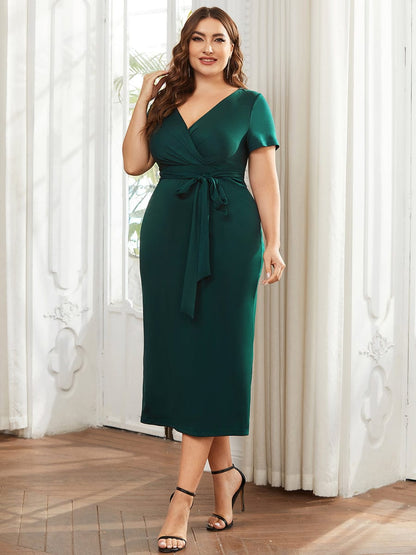 Deep V Neck Short Sleeve Cocktail Dress with Belt for Plus Sizes
