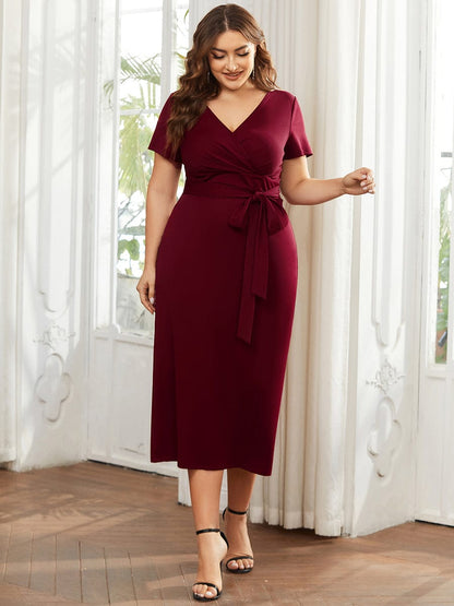 Deep V Neck Short Sleeve Cocktail Dress with Belt for Plus Sizes