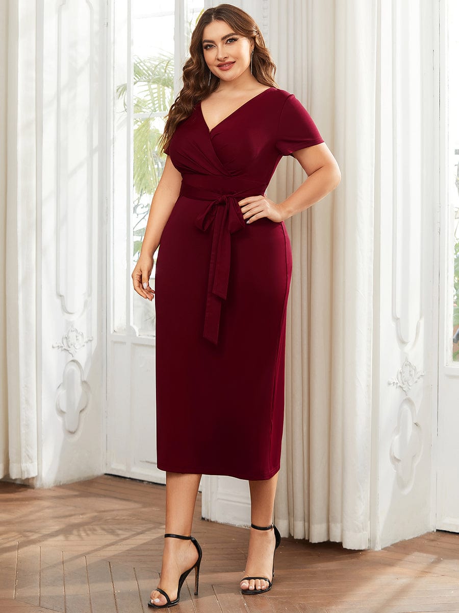 Deep V Neck Short Sleeve Cocktail Dress with Belt for Plus Sizes