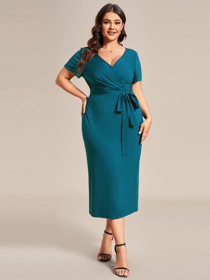 Deep V Neck Short Sleeve Cocktail Dress with Belt for Plus Sizes
