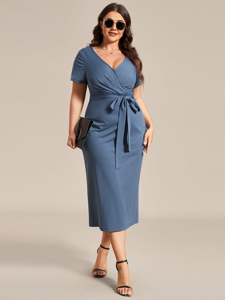 Deep V Neck Short Sleeve Cocktail Dress with Belt for Plus Sizes