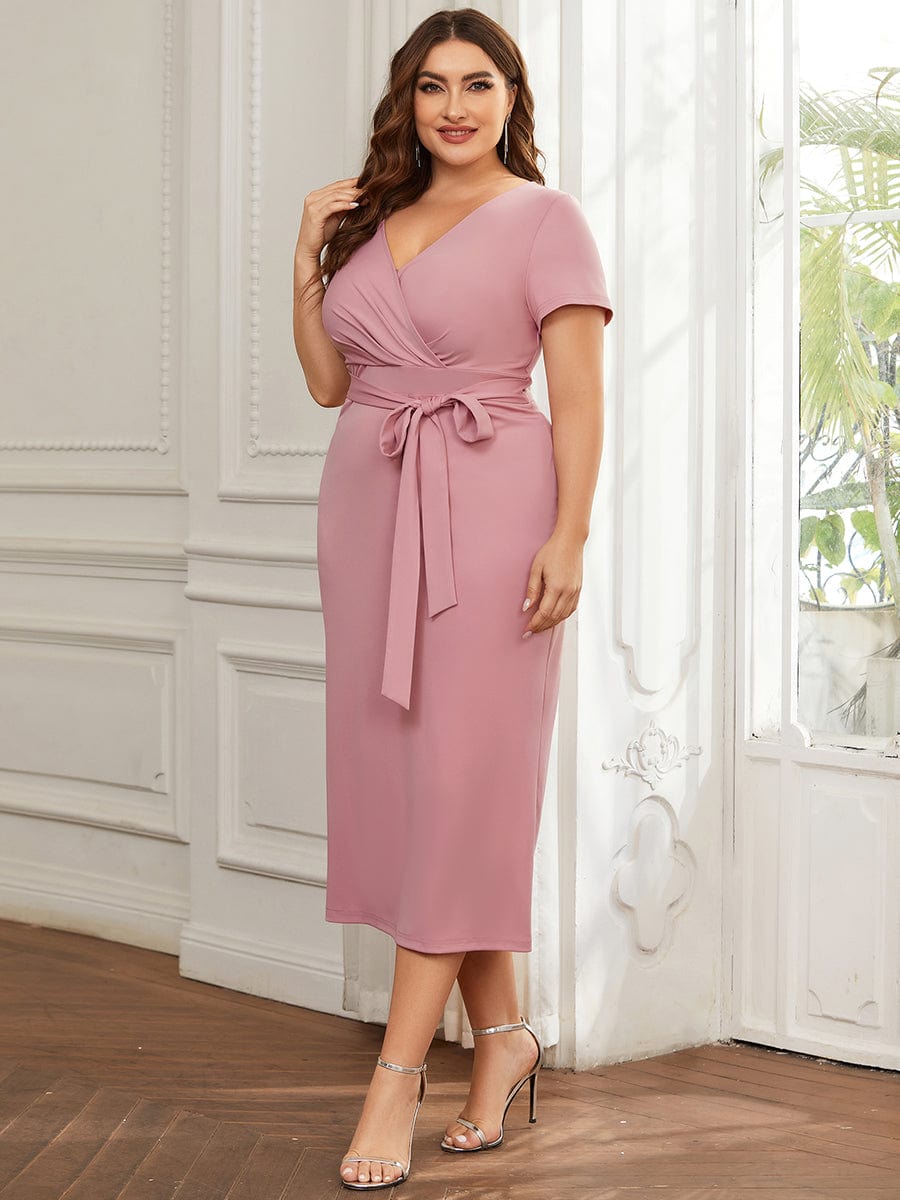 Deep V Neck Short Sleeve Cocktail Dress with Belt for Plus Sizes
