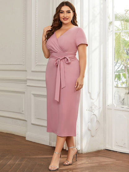 Deep V Neck Short Sleeve Cocktail Dress with Belt for Plus Sizes