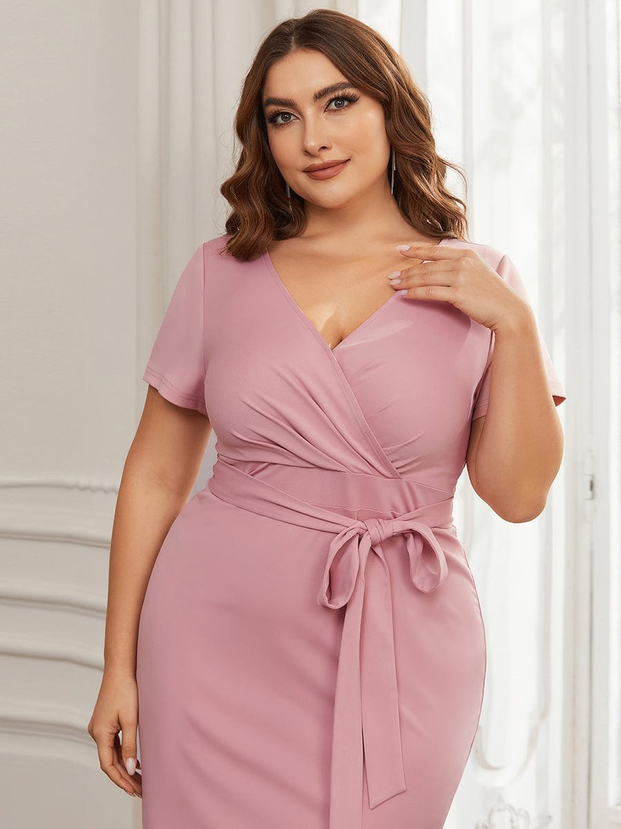Deep V Neck Short Sleeve Cocktail Dress with Belt for Plus Sizes