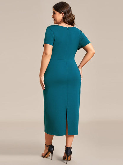 Deep V Neck Short Sleeve Cocktail Dress with Belt for Plus Sizes