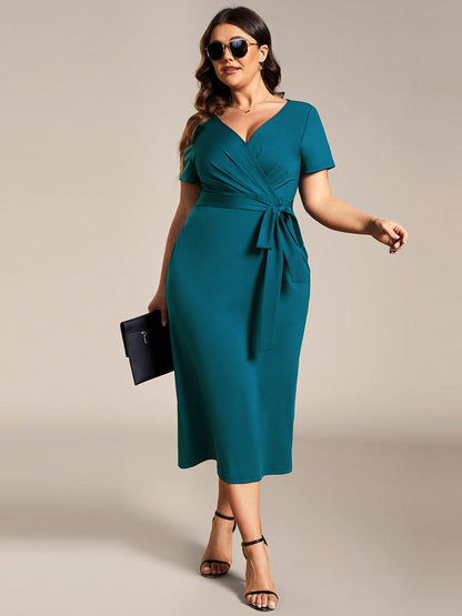 Deep V Neck Short Sleeve Cocktail Dress with Belt for Plus Sizes