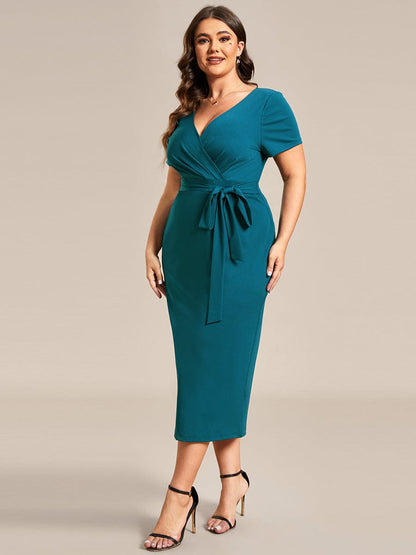 Deep V Neck Short Sleeve Cocktail Dress with Belt for Plus Sizes