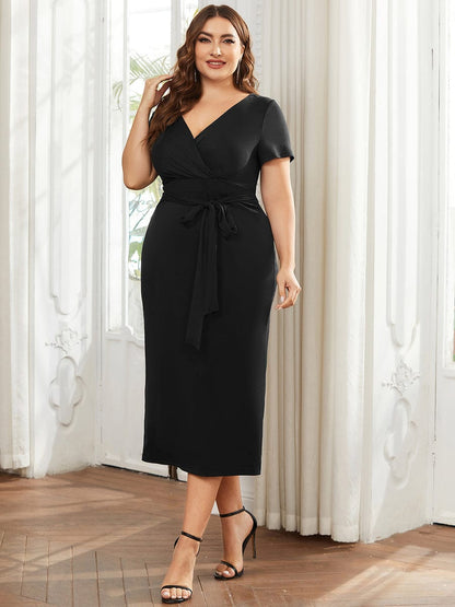 Deep V Neck Short Sleeve Cocktail Dress with Belt for Plus Sizes