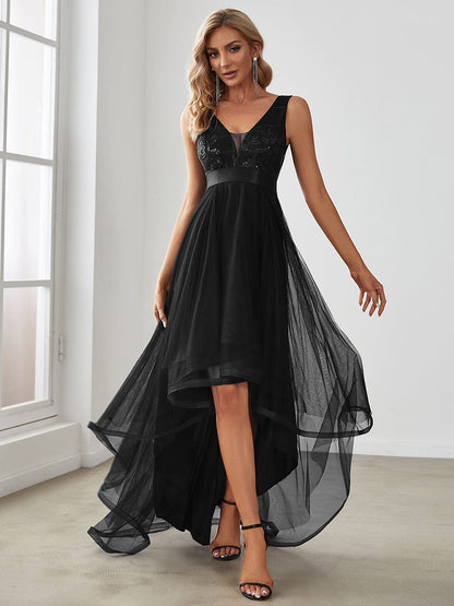Deep V Neck Tulle High-Low Prom Dress with Sequin Detail