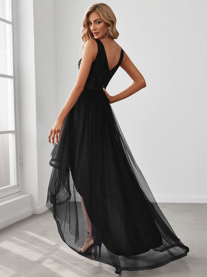 Deep V Neck Tulle High-Low Prom Dress with Sequin Detail