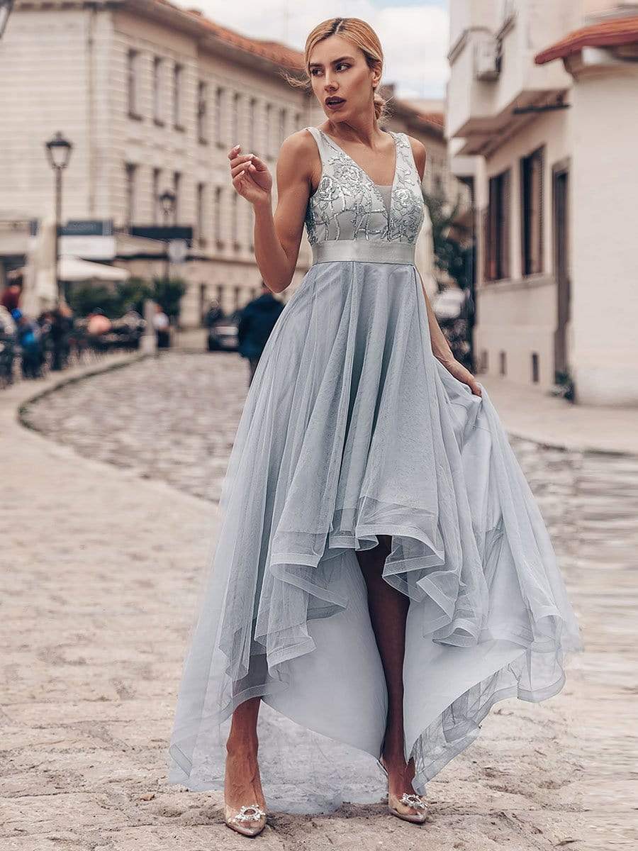 Deep V Neck Tulle High-Low Prom Dress with Sequin Detail