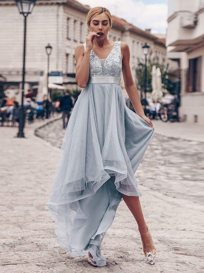 Deep V Neck Tulle High-Low Prom Dress with Sequin Detail