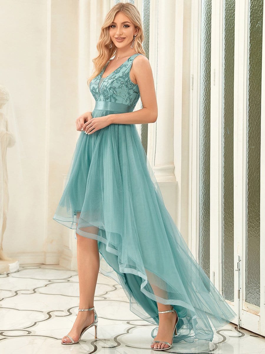 Deep V Neck Tulle High-Low Prom Dress with Sequin Detail