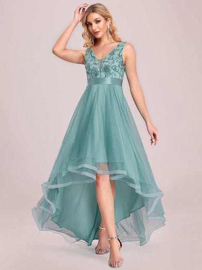 Deep V Neck Tulle High-Low Prom Dress with Sequin Detail