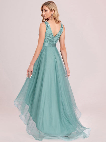 Deep V Neck Tulle High-Low Prom Dress with Sequin Detail