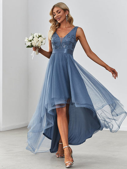 Deep V Neck Tulle High-Low Prom Dress with Sequin Detail