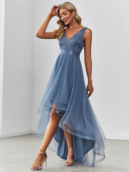 Deep V Neck Tulle High-Low Prom Dress with Sequin Detail
