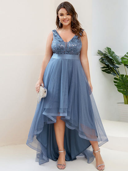 Deep V Neck Tulle High-Low Prom Dress with Sequin Detail