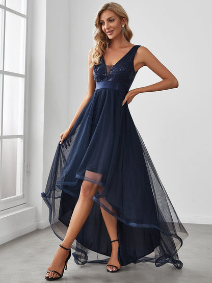 Deep V Neck Tulle High-Low Prom Dress with Sequin Detail